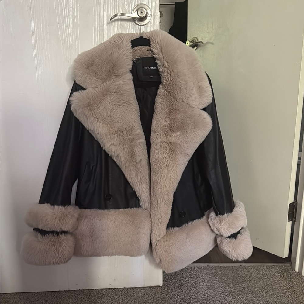 Fashion Nova Black and Cream Teddy Jacket